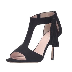 NEW Kate Spade Inga Black Suede Fringe Tassel Stiletto Heels Sandals - 9.5